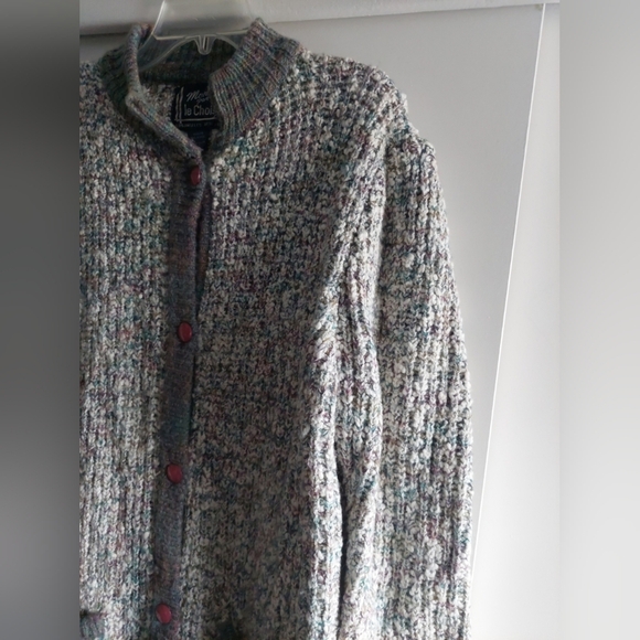 Vintage Retro 90s Y2K Knit Button front Long Cardigan sweater Gray Pink - Picture 7 of 11